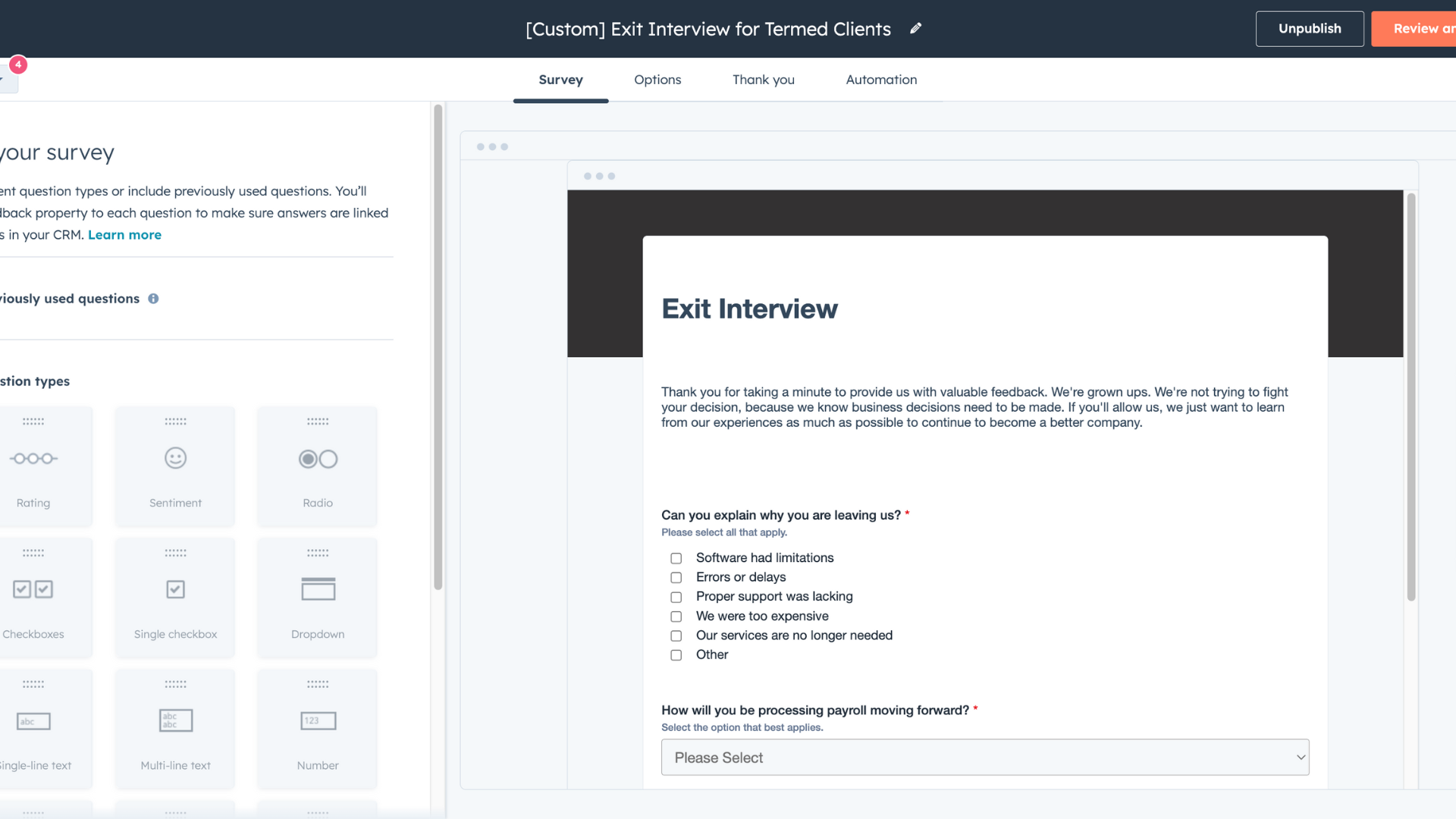 Inbound Payroll - Service - Custom Survey Termed Client Exit Interview Survey
