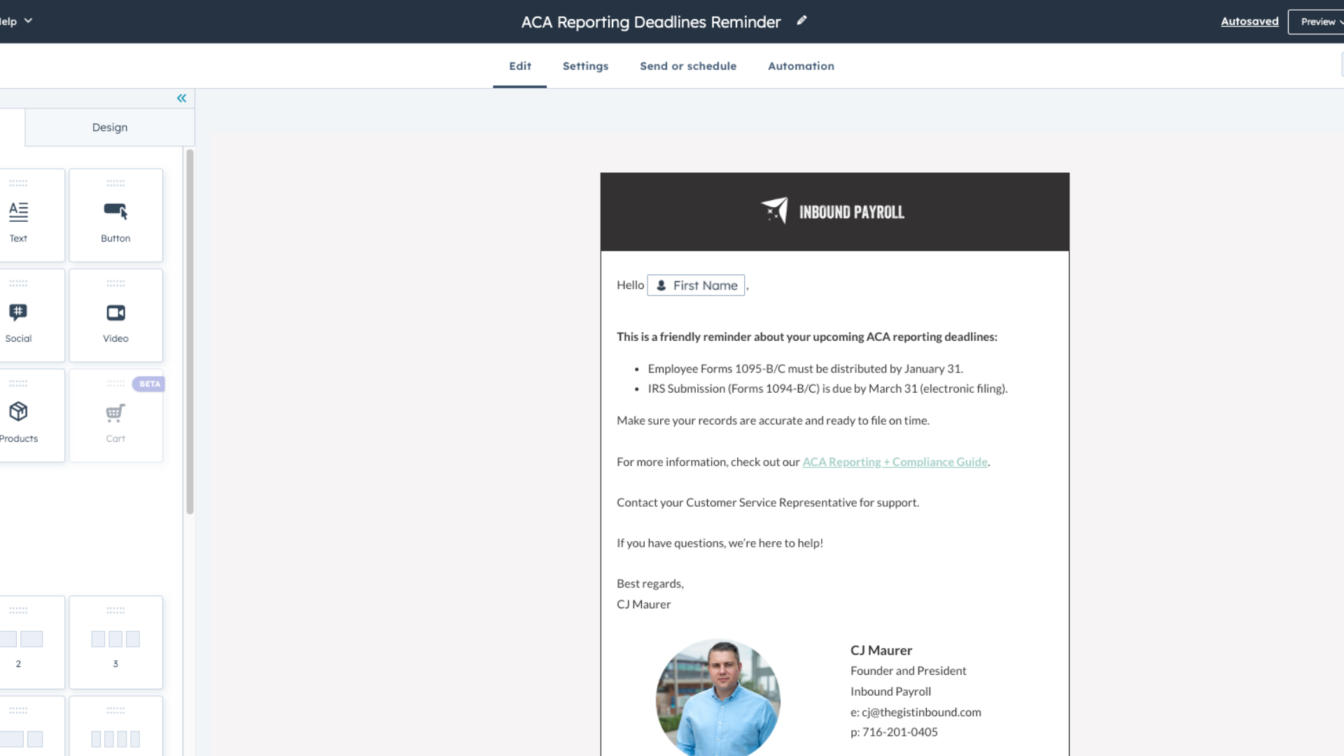 Payroll - ACA Reporting Deadlines Email
